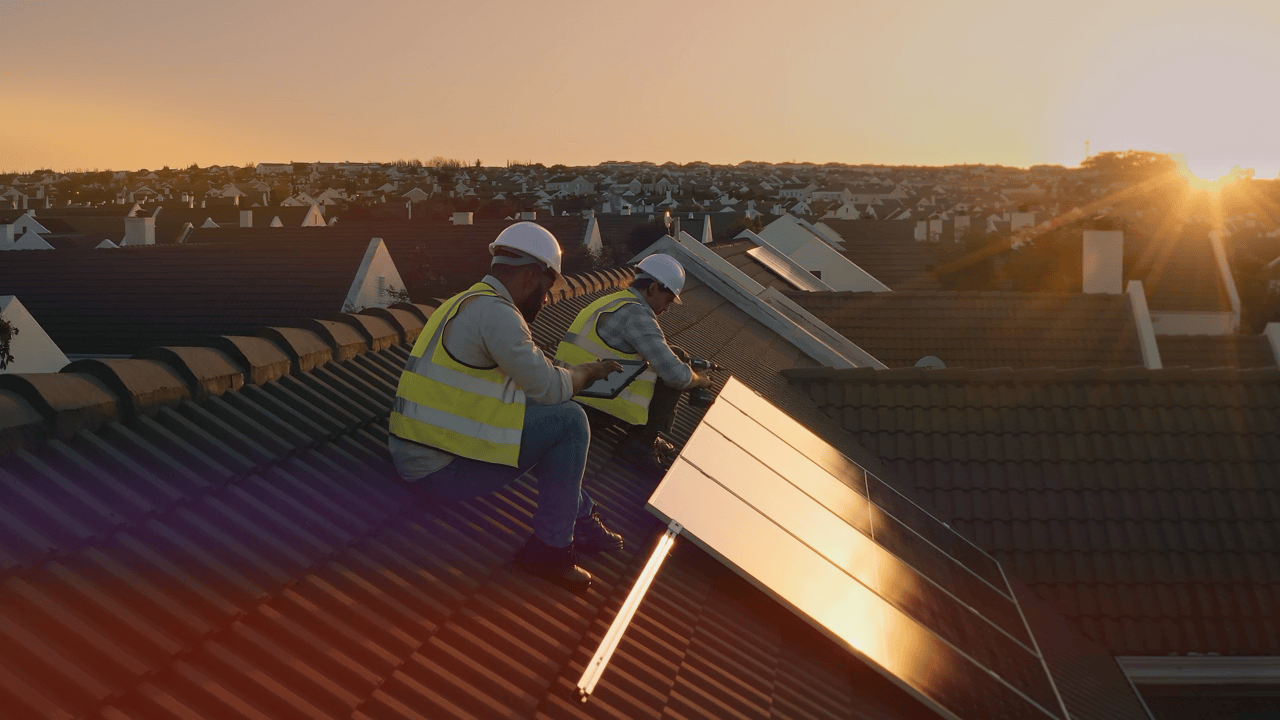 Animated background of a sun shining over a residential area with solar panels.
